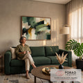 Quadro Decorativo Grande Abstrato em Mostarda para Sala | quadros decorativos para sala de estar | pintura abstrata em verde escuro, preto e mostarda sobre fundo claro | em ambiente 3 | Porao dos Quadros