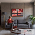 Quadro Decorativo Grande Torre Eiffel Vermelho para Sala | quadros decorativos para sala de estar | Torre Eiffel ao entardecer emoldurada por folhas vermelhas refletida no rio | em ambiente 3 | Porao dos Quadros