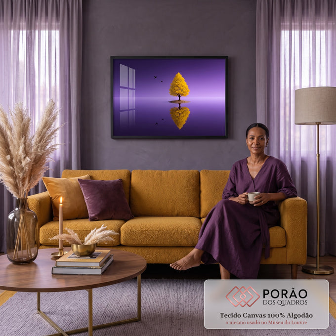 Árvore amarela solitária em pequena ilha refletida em lago sob céu roxo com pássaros, quadro decorativo