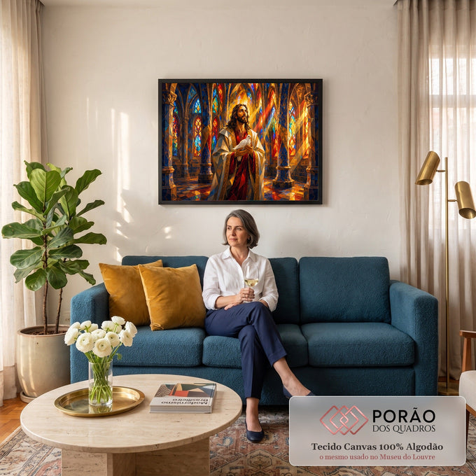Jesus com pomba branca nas mãos em catedral gótica de vitrais coloridos, estilo mosaico, quadro decorativo
