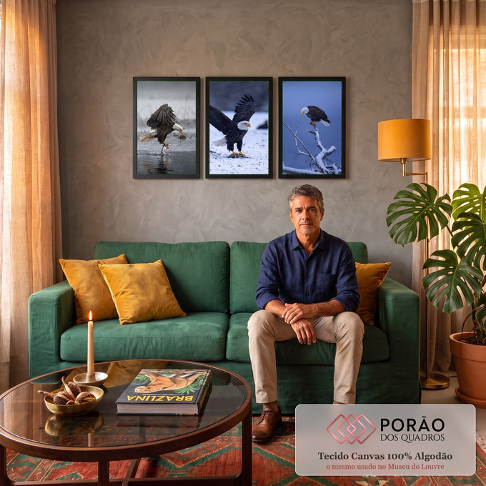 Quadro Decorativo Kit 3 Telas Águias Americanas para Sala | quadros decorativos para sala de estar | três águias-de-cabeça-branca em cenas de pesca e pouso na neve | em ambiente 3 | Porao dos Quadros