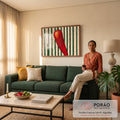Quadro Decorativo Grande Pimenta Vermelha para Área Gourmet | quadros decorativos para sala de estar | pimenta vermelha em mosaico com cabo verde sobre fundo listrado verde e bege | em ambiente 3 | Porao dos Quadros