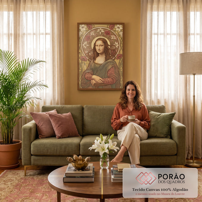 Quadro Decorativo Grande Mona Lisa para Sala Dourado | quadros decorativos para sala de estar | retrato estilizado de mulher com cabelos longos, auréola floral de lírios e papoulas | em ambiente 3 | Porao dos Quadros