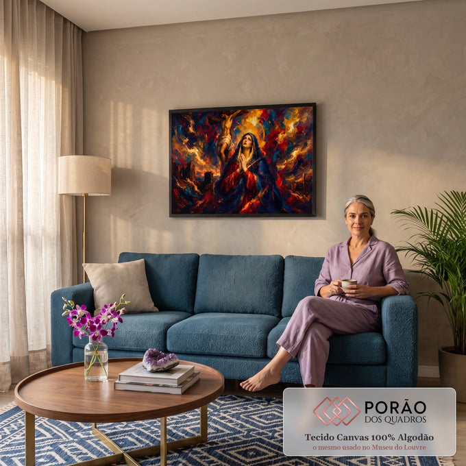 Quadro Decorativo Grande Nossa Senhora Crucifixo para Sala | quadros decorativos para sala de estar | Nossa Senhora em oração com Cristo crucificado ao fundo em cores vibrantes | em ambiente 3 | Porao dos Quadros