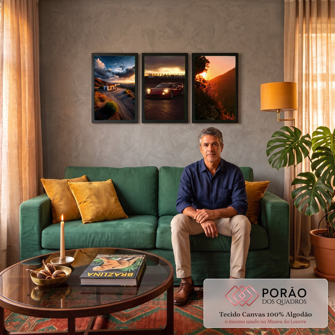 Quadro Decorativo Kit 3 Telas Pôr do Carro para Sala Laranja | quadros decorativos para sala de estar | tríptico com posto abandonado, carro esportivo vermelho e penhasco ao pôr do sol | em ambiente 3 | Porao dos Quadros