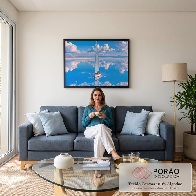 Quadro Decorativo Grande Veleiro Mar Espelhado para Sala | quadros decorativos para sala de estar | veleiro branco navegando em água espelhada sob céu com nuvens volumosas | em ambiente 3 | Porao dos Quadros