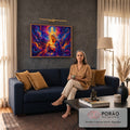 Quadro Decorativo Grande Nossa Senhora Roxo para Sala Azul | quadros decorativos para sala de estar | Nossa Senhora com o Menino Jesus sob estrela brilhante em fundo colorido abstrato | em ambiente 3 | Porao dos Quadros
