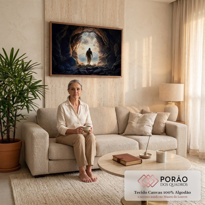Jesus ressuscitado saindo do sepulcro de pedra rumo à luz e às montanhas nevadas, quadro decorativo