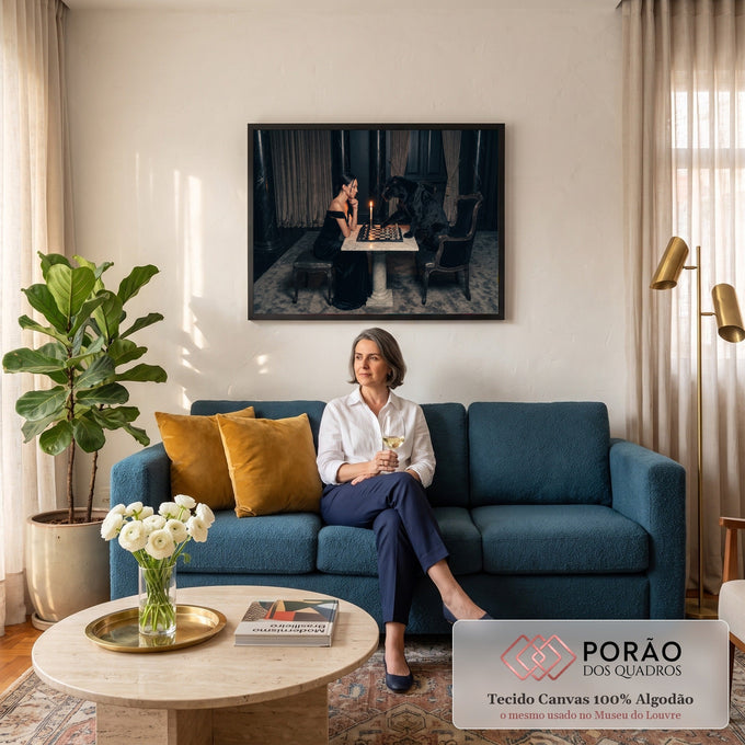 Mulher de vestido preto joga xadrez com pantera negra à luz de vela em salão de mármore, quadro decorativo