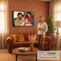 Quadro Decorativo Grande Família com Bebê para Sala Vermelho | quadros decorativos para sala de estar | família com bebê adormecido, véu vermelho e azul, contornos fortes e cores vivas | em ambiente 3 | Porao dos Quadros
