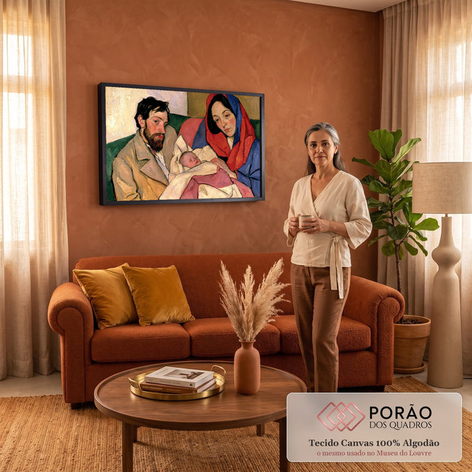 Quadro Decorativo Grande Família com Bebê para Sala Vermelho | quadros decorativos para sala de estar | família com bebê adormecido, véu vermelho e azul, contornos fortes e cores vivas | em ambiente 3 | Porao dos Quadros