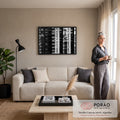 Quadro Decorativo Grande Fachada de Prédios para Sala Preto | quadros decorativos para sala de estar | fachada de prédios em preto e branco com janelas e varandas em padrão geométrico | em ambiente 3 | Porao dos Quadros