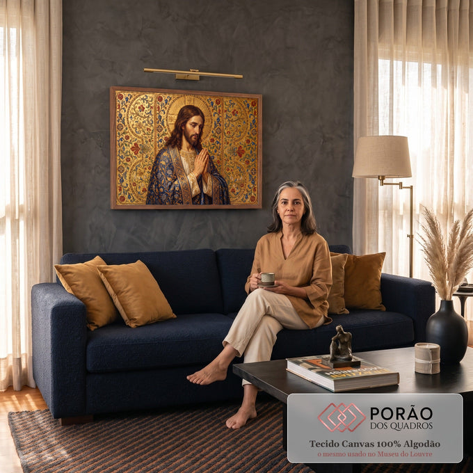Quadro Decorativo Grande Jesus Halo Dourado para Sala | quadros decorativos para sala de estar | Jesus Cristo em oração com manto azul bordado e halo dourado sobre fundo floral ornamentado | em ambiente 3 | Porao dos Quadros