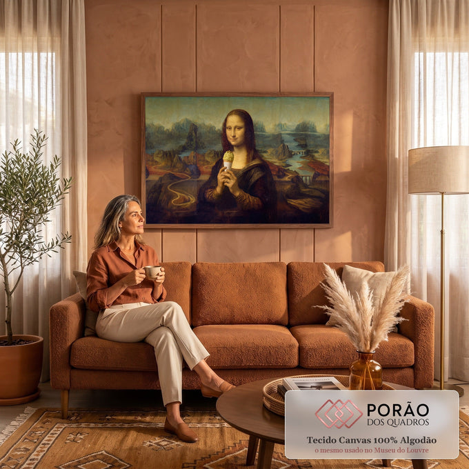 Quadro Decorativo Grande Mona Lisa Sorvete para Sala | quadros decorativos para sala de estar | mulher com sorriso enigmático segurando sorvete de pistache, paisagem de montanhas ao fundo | em ambiente 3 | Porao dos Quadros