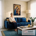 Nossa Senhora coroada de manto azul com o Menino Jesus e terço entre anjos e luz dourada, quadro decorativo