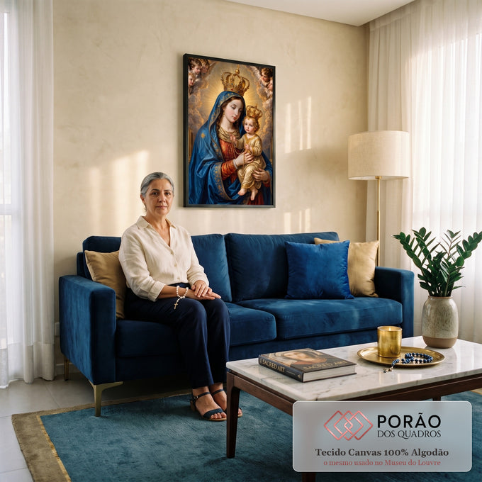 Nossa Senhora coroada de manto azul com o Menino Jesus e terço entre anjos e luz dourada, quadro decorativo