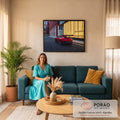 Porsche 911 GT3 vermelho com aerofólio e rodas douradas em rua urbana ao entardecer, quadro decorativo