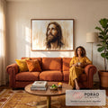Rosto de Jesus Cristo em aquarela olhando para o céu, em tons bege e sépia, quadro decorativo