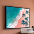 Quadro Decorativo Grande Praia Tropical Azul para Sala | quadros decorativos para sala de estar | vista aérea de praia com mar turquesa, ondas e silhuetas de coqueiros sobre areia rosa | em ambiente 3 | Porao dos Quadros