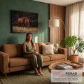 Dois cavalos castanhos, um pastando, em campo dourado com flores amarelas e mata escura, quadro decorativo