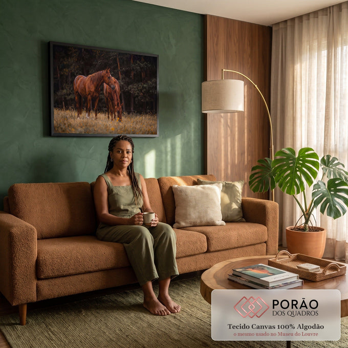 Dois cavalos castanhos, um pastando, em campo dourado com flores amarelas e mata escura, quadro decorativo