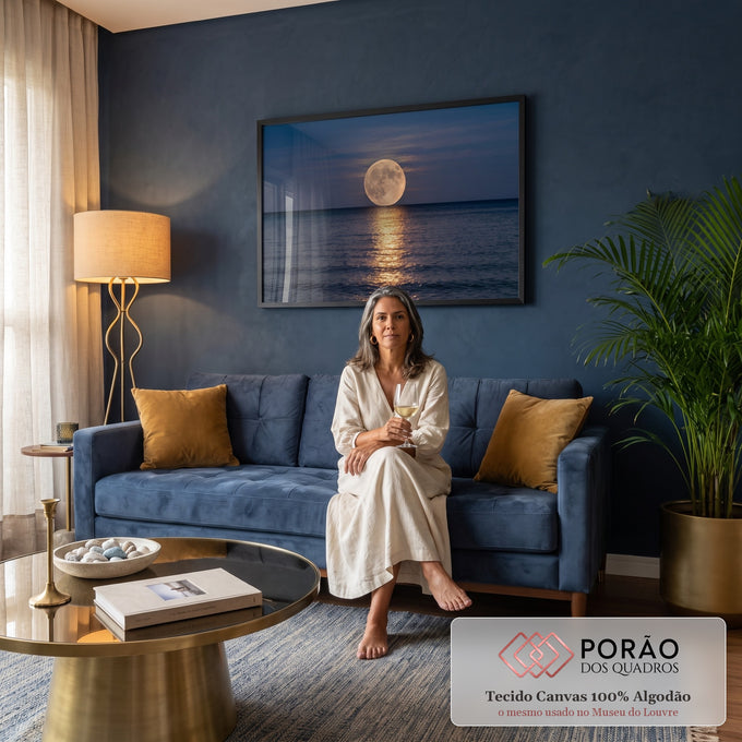 Quadro Decorativo Grande Lua Cheia Dourada Azul para Sala | quadros decorativos para sala de estar | lua cheia dourada refletida no mar sob céu azul escuro com nuvens coloridas | em ambiente 3 | Porao dos Quadros