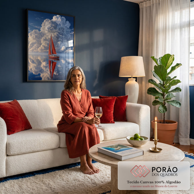 Quadro Decorativo Grande Veleiro de Velas para Sala Vermelho | quadros decorativos para sala de estar | veleiro de velas vermelhas refletido em água calma sob nuvem cúmulus gigante | em ambiente 3 | Porao dos Quadros