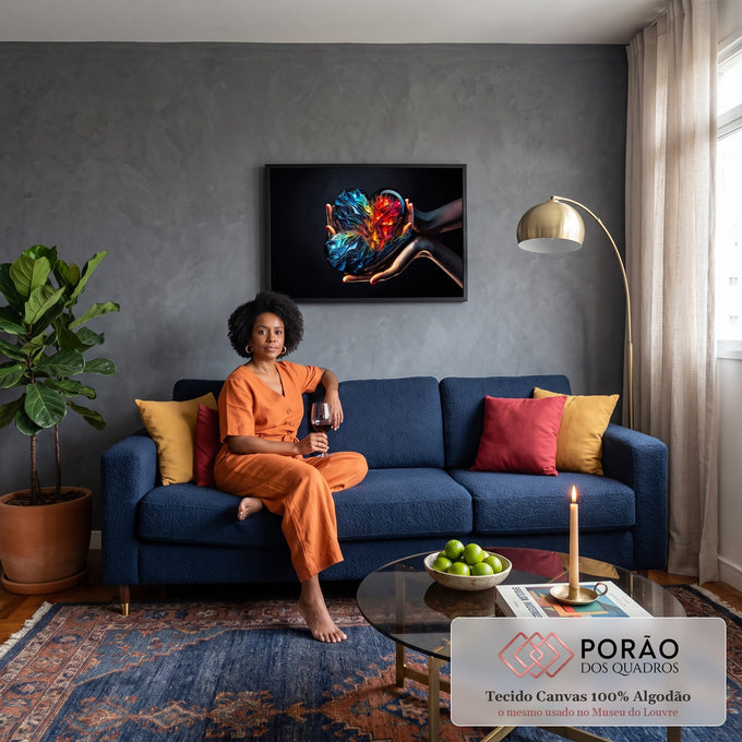 Quadro Decorativo Grande Coração Abstrato para Sala Azul | quadros decorativos para sala de estar | coração preto brilhante com tinta fluida azul e vermelha segurado por mãos femininas | em ambiente 3 | Porao dos Quadros