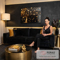 Árvore da vida de tronco dourado torcido com revoada de borboletas douradas em fundo preto, quadro decorativo