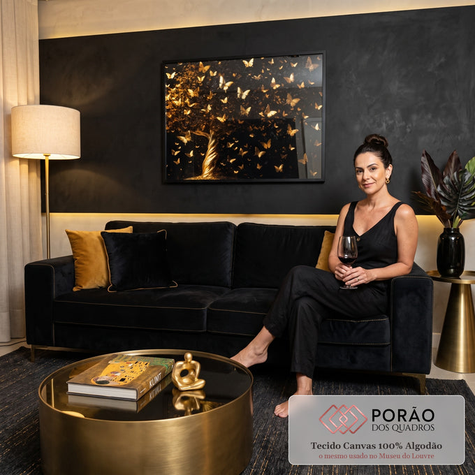 Árvore da vida de tronco dourado torcido com revoada de borboletas douradas em fundo preto, quadro decorativo