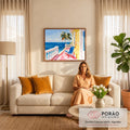 Pintura de varanda tropical frente ao mar azul com palmeiras, cadeira azul e piso rosa, quadro decorativo
