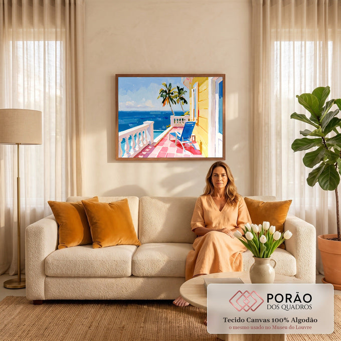 Pintura de varanda tropical frente ao mar azul com palmeiras, cadeira azul e piso rosa, quadro decorativo
