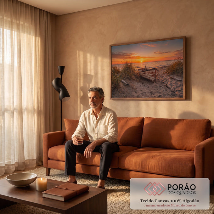 Barco de madeira rústico na areia entre capim de dunas com pôr do sol laranja no mar, quadro decorativo