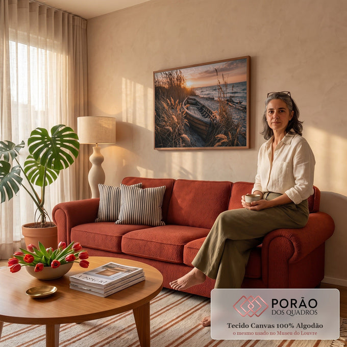Quadro Decorativo Grande Barco de Madeira Marrom para Sala | quadros decorativos para sala de estar | barco de madeira antigo na praia entre capim dourado ao pôr do sol | em ambiente 3 | Porao dos Quadros