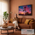 Palmeiras e passarela de madeira para a praia sob céu rosa e azul ao pôr do sol, quadro decorativo
