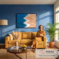 Quadro Decorativo Grande Praia Vista de Cima Azul para Sala | quadros decorativos para sala de estar | vista aérea de praia com mar azul, areia bege e pessoas pequenas na beira | em ambiente 3 | Porao dos Quadros