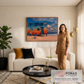 Quadro Decorativo Grande Casa de Praia para Sala Azul | quadros decorativos para sala de estar | parede de praia com tinta descascada azul e laranja, porta turquesa com coração e gato na soleira | em ambiente 3 | Porao dos Quadros