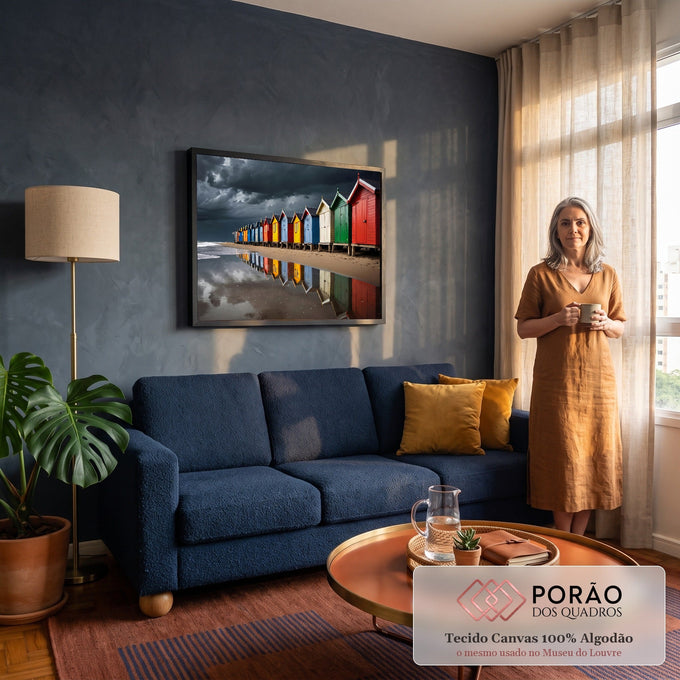 Quadro Decorativo Grande Cabanas para Sala Vermelho | quadros decorativos para sala de estar | fileira de cabanas de praia coloridas com céu tempestuoso refletido na areia molhada | em ambiente 3 | Porao dos Quadros