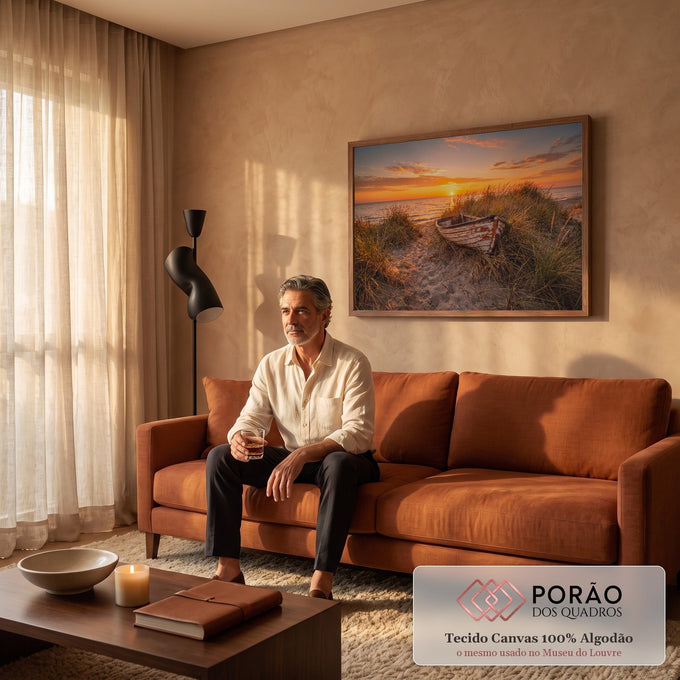 Barco de madeira antigo entre a vegetação da duna, praia e mar ao pôr do sol laranja, quadro decorativo
