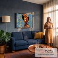 Quadro Decorativo Grande Mulher Africana para Sala Azul | quadros decorativos para sala de estar | retrato de mulher negra com turbante estampado laranja e amarelo sobre fundo azul | em ambiente 3 | Porao dos Quadros