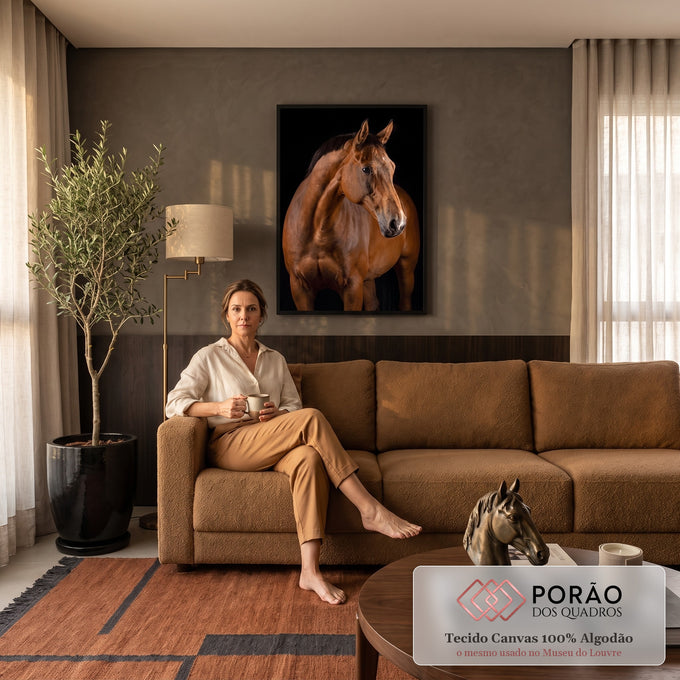 Cavalo baio de pelagem brilhante olhando de lado sobre fundo preto, fotografia de estúdio, quadro decorativo