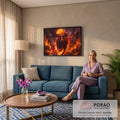 Quadro Decorativo Grande Touro em Chamas para Sala Laranja | quadros decorativos para sala de estar | touro robusto cercado por chamas com coroa neon amarela sobre a cabeça | em ambiente 3 | Porao dos Quadros