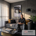 Quadro Decorativo Grande Esportivo Fosco para Sala Preto | quadros decorativos para sala de estar | vista traseira de carro esportivo preto fosco com faixas amarelas em garagem industrial | em ambiente 3 | Porao dos Quadros