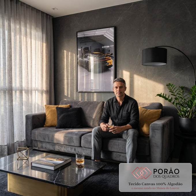 Quadro Decorativo Grande Esportivo Fosco para Sala Preto | quadros decorativos para sala de estar | vista traseira de carro esportivo preto fosco com faixas amarelas em garagem industrial | em ambiente 3 | Porao dos Quadros
