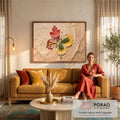 Borboleta montada com folha de bordo vermelha, ginkgo amarelo e pinheiro sobre papel kraft, quadro decorativo