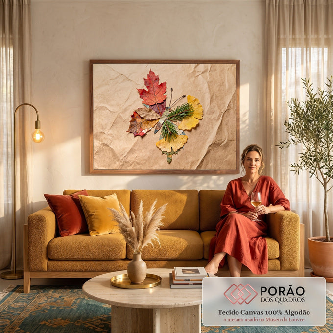 Borboleta montada com folha de bordo vermelha, ginkgo amarelo e pinheiro sobre papel kraft, quadro decorativo