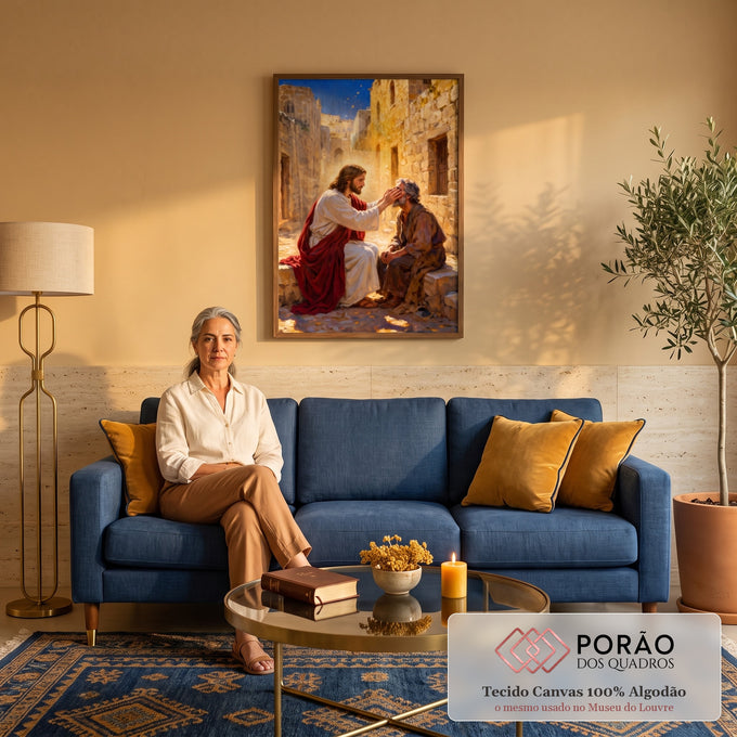 Quadro Decorativo Grande Jesus Curando Dourado para Sala | quadros decorativos para sala de estar | Jesus toca o rosto de um homem idoso em rua de pedra dourada ao entardecer | em ambiente 3 | Porao dos Quadros
