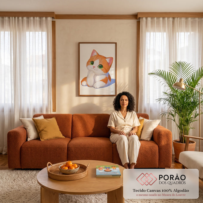 Gatinho laranja e branco de olhos verdes com a patinha no queixo em ilustração fofa, quadro decorativo