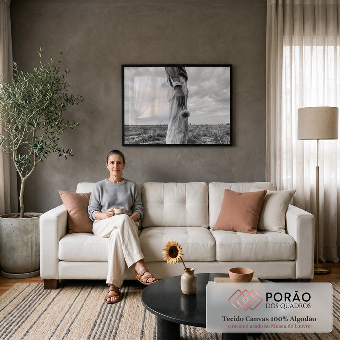 Quadro Decorativo Grande Girassol na Mão para Sala Preto | quadros decorativos para sala de estar | mão segurando girassol murcho diante de campo seco em preto e branco | em ambiente 3 | Porao dos Quadros