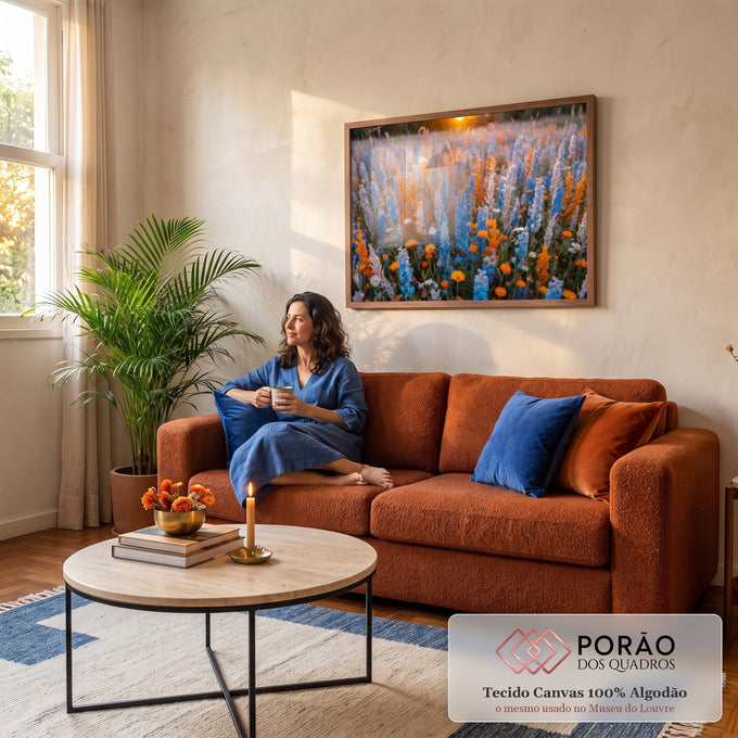Quadro Decorativo Grande Campo de Flores para Sala Azul | quadros decorativos para sala de estar | campo de flores azuis e laranjas com luz dourada do pôr do sol ao fundo | em ambiente 3 | Porao dos Quadros